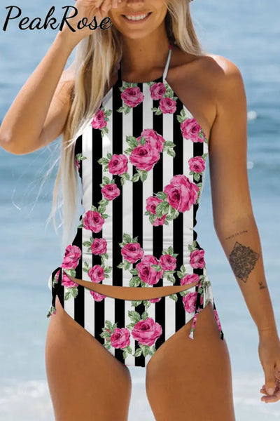 Rose Pattern Stripe Print Bikini Swimsuit S