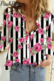 Rose Pattern Stripe Print Long Sleeve Shirt S / Black Women