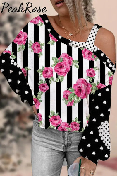 Rose Pattern Stripe Print Off-Shoulder Blouse S / Black