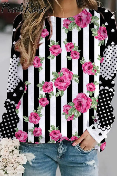 Rose Pattern Stripe Print Sweatshirt S / Black