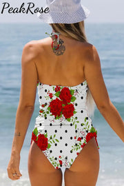 Rose Polka Dots Print Bikini Swimsuit