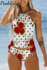 Rose Polka Dots Print Bikini Swimsuit S / White