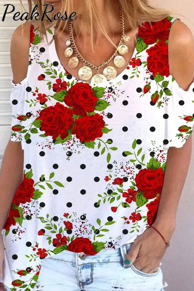 Rose Polka Dots Print Cold Shoulder T-Shirt T-Shirt