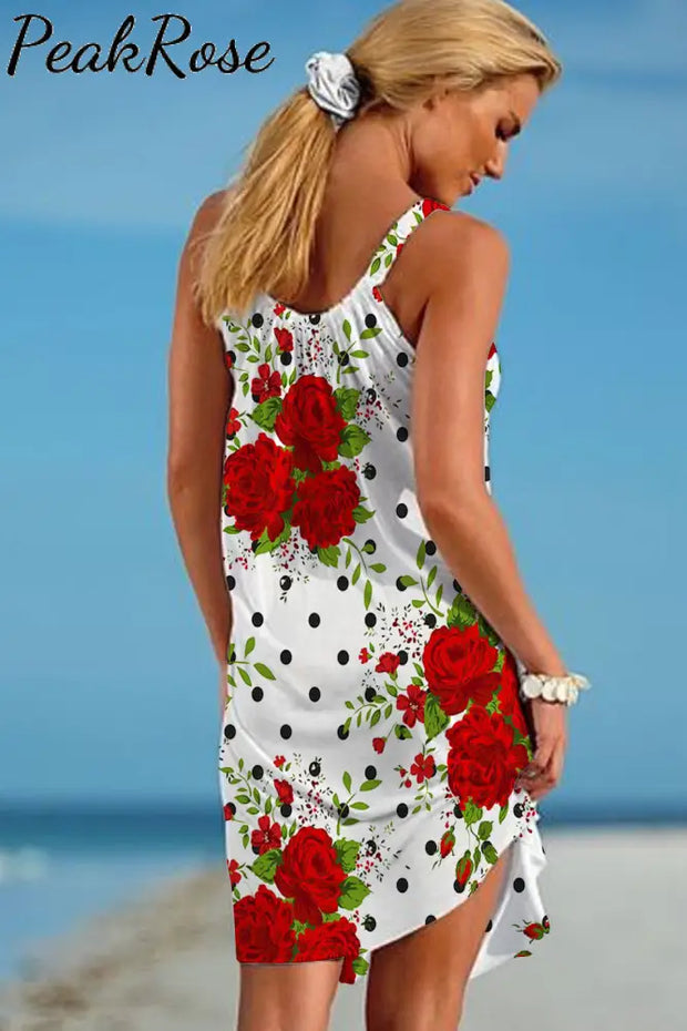 Rose Polka Dots Print Sleeveless Dress