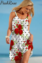 Rose Polka Dots Print Sleeveless Dress S / White