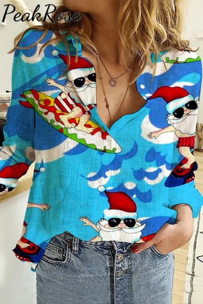 Santa Beach Button Long Sleeve Shirt S / Blue Women