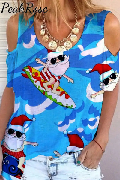 Santa Beach Cold Shoulder T-Shirt S / Blue T-Shirt