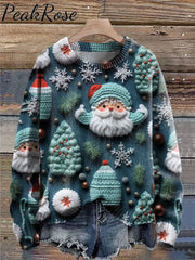 Santa Claus Embroidery Print Knit Pullover Sweater Blue / S Christmas