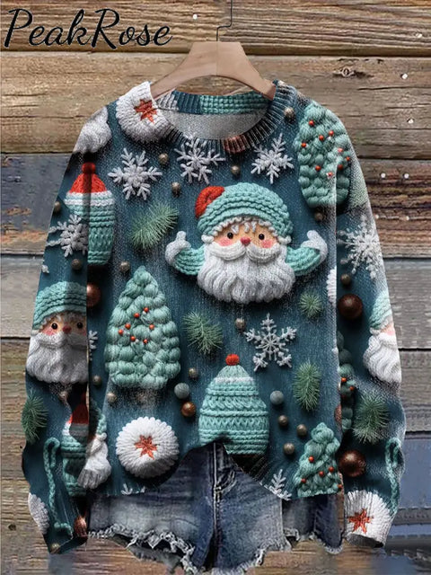 Santa Claus Embroidery Print Knit Pullover Sweater Christmas