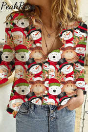 Santa Claus Snowman Bear And Cow Long Sleeve Shirt S / Red Women