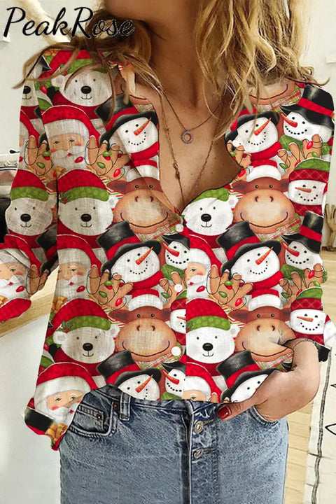 Santa Claus Snowman Bear And Cow Long Sleeve Shirt S / Red Women