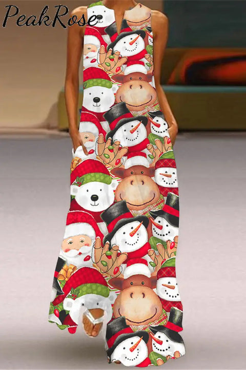 Santa Claus Snowman Bear And Cow Sleeveless Maxi Dress