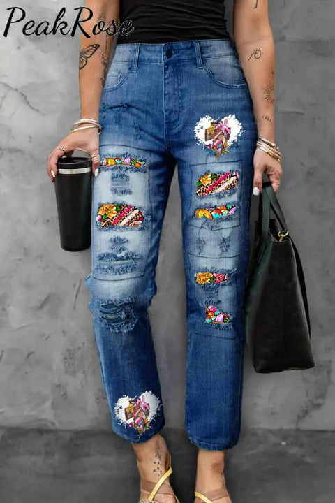 Save His Grace Colorfull Easter Coss Printed Ripped Denim Jeans