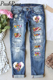 Save His Grace Colorfull Easter Coss Printed Ripped Denim Jeans S