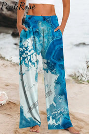 Sea Waves Texture Usa Map & American Flag Pineapple For Tropical Vacation High Waisted Baggy Pants