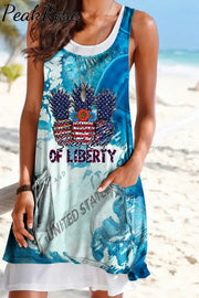 Sea Waves Texture Usa Map & American Flag Pineapple For Tropical Vacation Mock Two-Piece Tank Dress