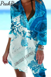 Sea Waves Texture Usa Map & American Flag Pineapple For Tropical Vacation Patch Front Pockets Shirt