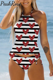 Sequin Red Love Pattern Black And White Stripes Halter Swimsuit