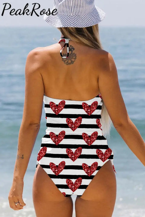 Sequin Red Love Pattern Black And White Stripes Halter Swimsuit