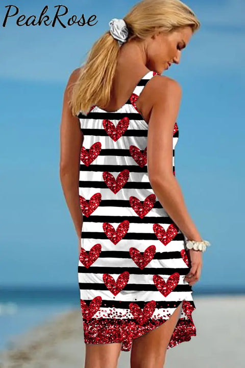 Sequin Red Love Pattern Black And White Stripes Sleeveless Dress