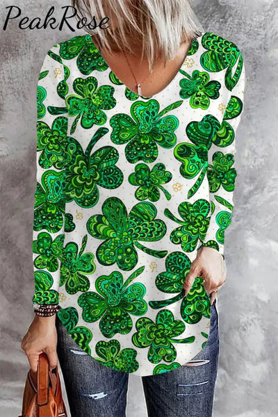 Shamrock Fruits & Plants Casual V Neck Long Sleeve T-Shirt S / Green T-Shirt