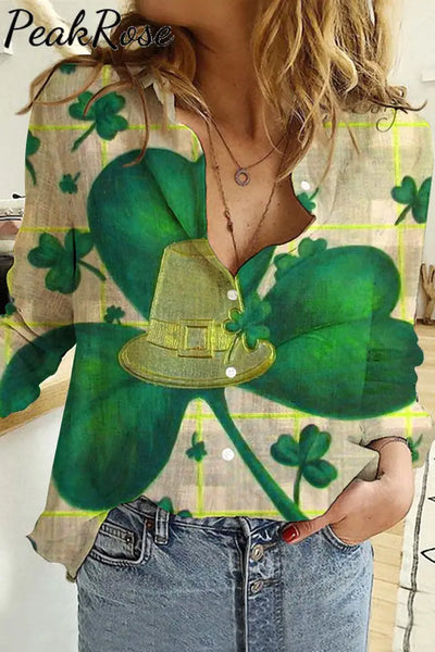 Shamrock Gold Hat Vintage Check Print Long Sleeve Shirt S / Green Women