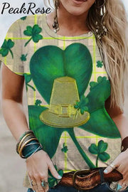 Shamrock Gold Hat Vintage Check Print Round Neck T-Shirt