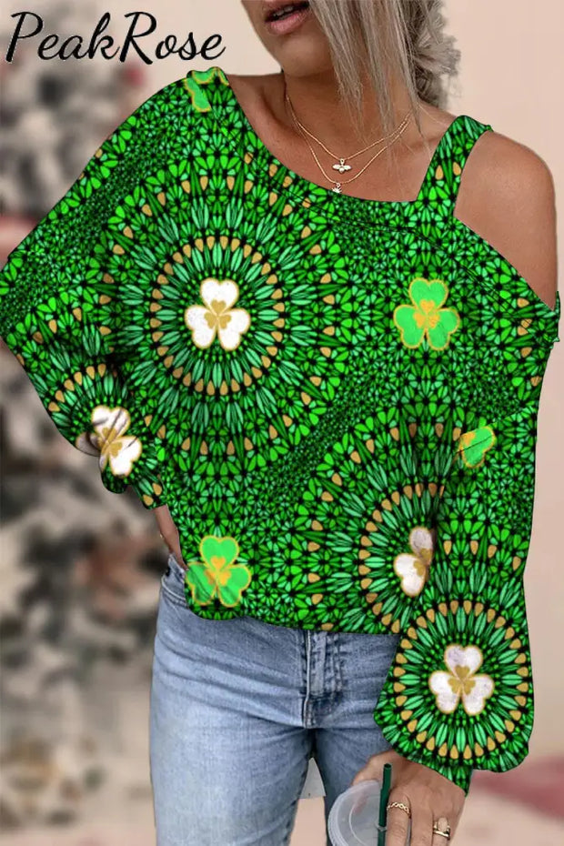 Shamrock Mandala St Patrick’s Day Tye Dye Printed Off-Shoulder Blouse