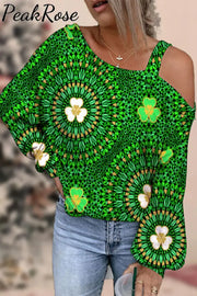 Shamrock Mandala St Patrick’s Day Tye Dye Printed Off-Shoulder Blouse Green / S