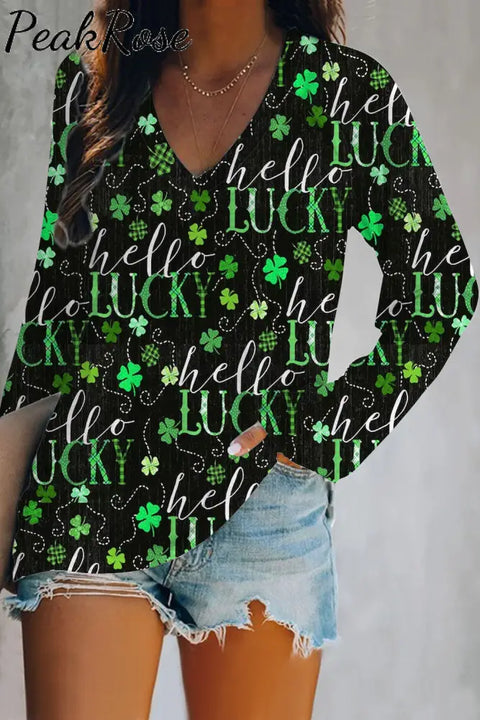 Shamrock Mandala St Patrick’s Day Tye Dye Printed V Neck Long Sleeve Tee