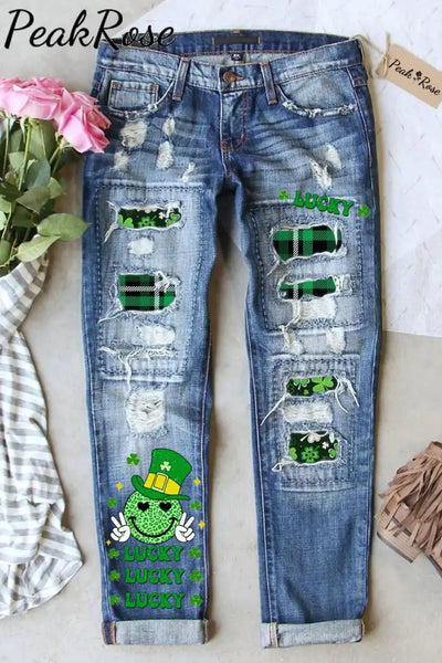 Shamrocks Smiling Face Lucky Happy St Patricks Leopard Glitter Denim Jeans S / Blue