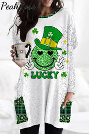 Shamrocks Smiling Face Lucky Happy St Patricks Leopard Glitter Loose Tunic With Pockets Photo Color