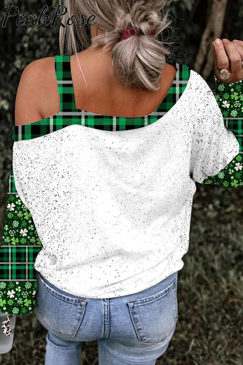 Shamrocks Smiling Face Lucky Happy St Patricks Leopard Glitter Off-Shoulder Blouse