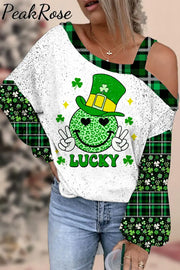 Shamrocks Smiling Face Lucky Happy St Patricks Leopard Glitter Off-Shoulder Blouse S / Photo Color