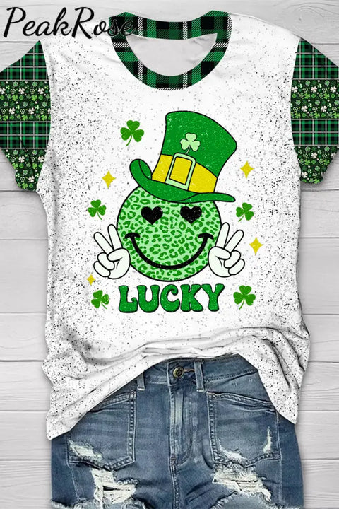 Shamrocks Smiling Face Lucky Happy St Patricks Leopard Glitter Short-Sleeved T-Shirt Top