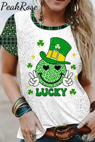 Shamrocks Smiling Face Lucky Happy St Patricks Leopard Glitter Short-Sleeved T-Shirt Top S / Photo