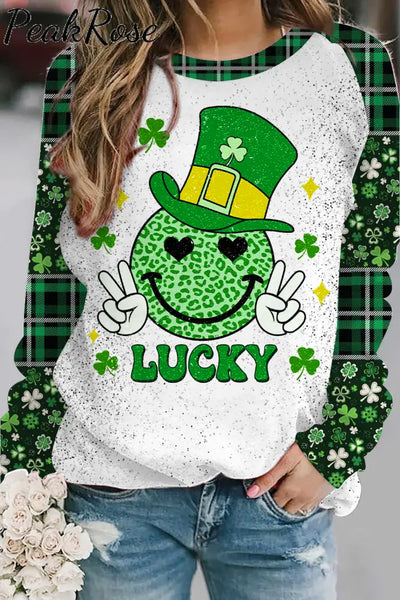 Shamrocks Smiling Face Lucky Happy St Patricks Leopard Glitter Sweatshirt S / Photo Color