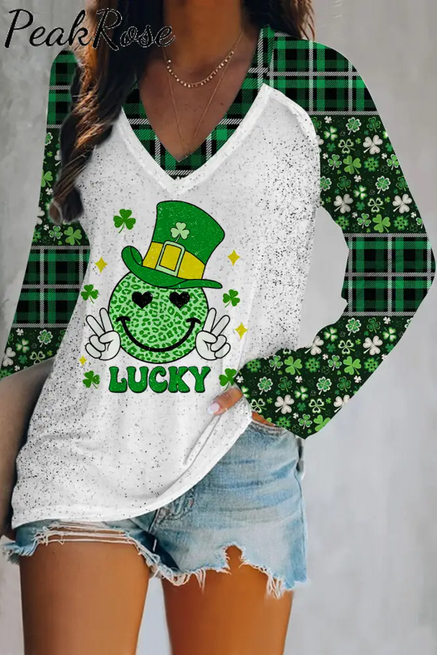 Shamrocks Smiling Face Lucky Happy St Patricks Leopard Glitter V-Neck Long Sleeve Tee