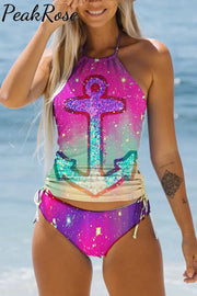 Shiny Gradient Vintage Anchor Bikini Swimsuit