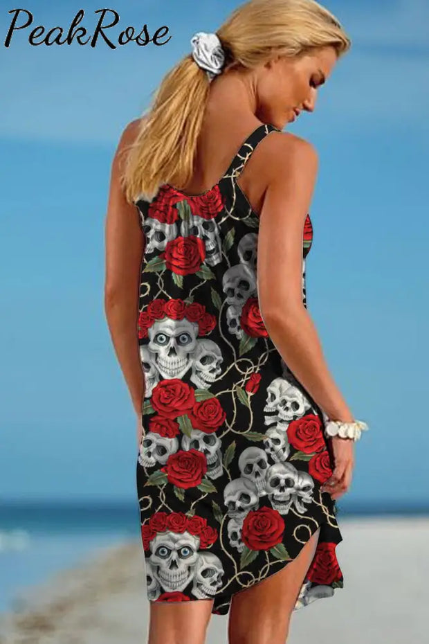 Skeleton Rose Print Beach Sleeveless Dress