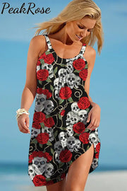 Skeleton Rose Print Beach Sleeveless Dress S / Black