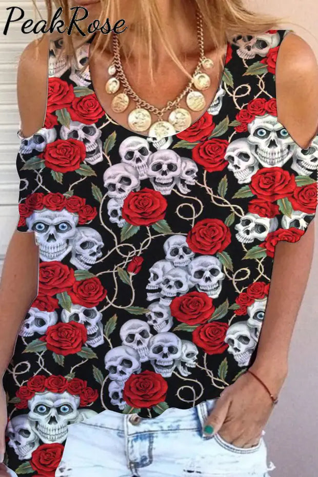 Skeleton Rose Print Cold Shoulder T-Shirt