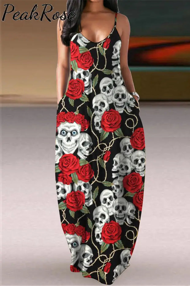 Skeleton Rose Print Maxi Dress S / Black Sleeveless