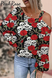 Skeleton Rose Print Off-Shoulder Blouse