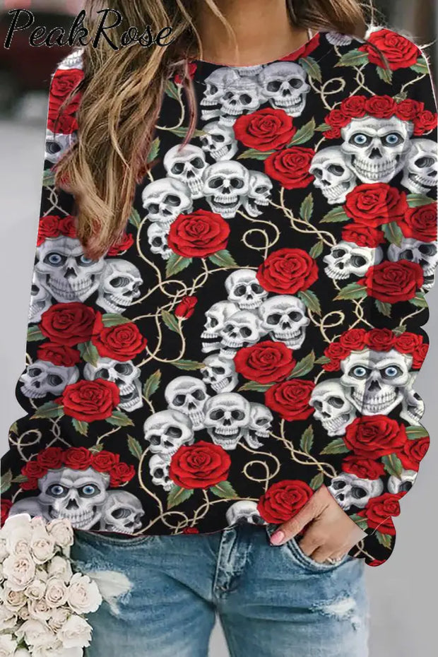 Skeleton Rose Print Sweatshirt S / Black