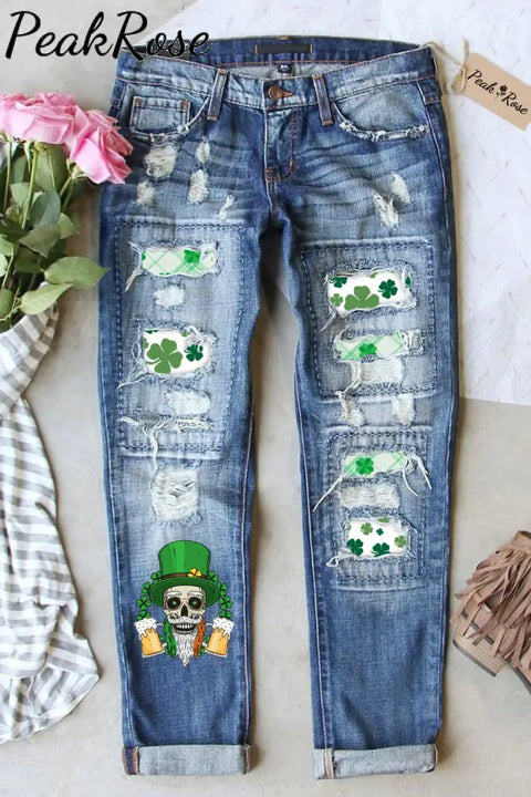 Skull Green Hat Four Leaf Clover Casual Denim Jeans S / Blue