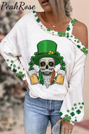 Skull Green Hat Four Leaf Clover Off Shoulder Blouse