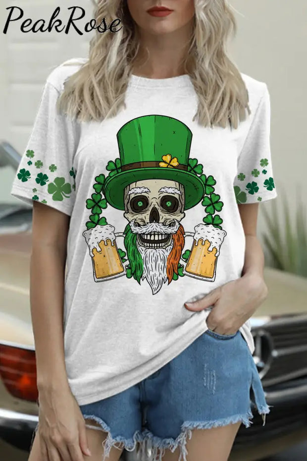 Skull Green Hat Four Leaf Clover Round Neck T-Shirt