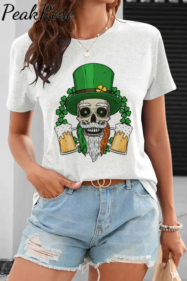 Skull Green Hat Four Leaf Clover Short T-Shirt