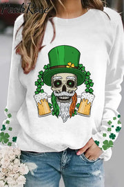 Skull Green Hat Four Leaf Clover Sweatshirt S / White